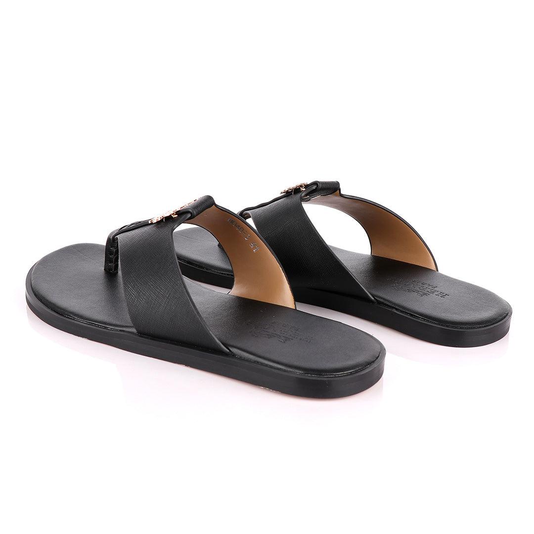 Hermes Paris With Logo Black Leather Slippers - Obeezi