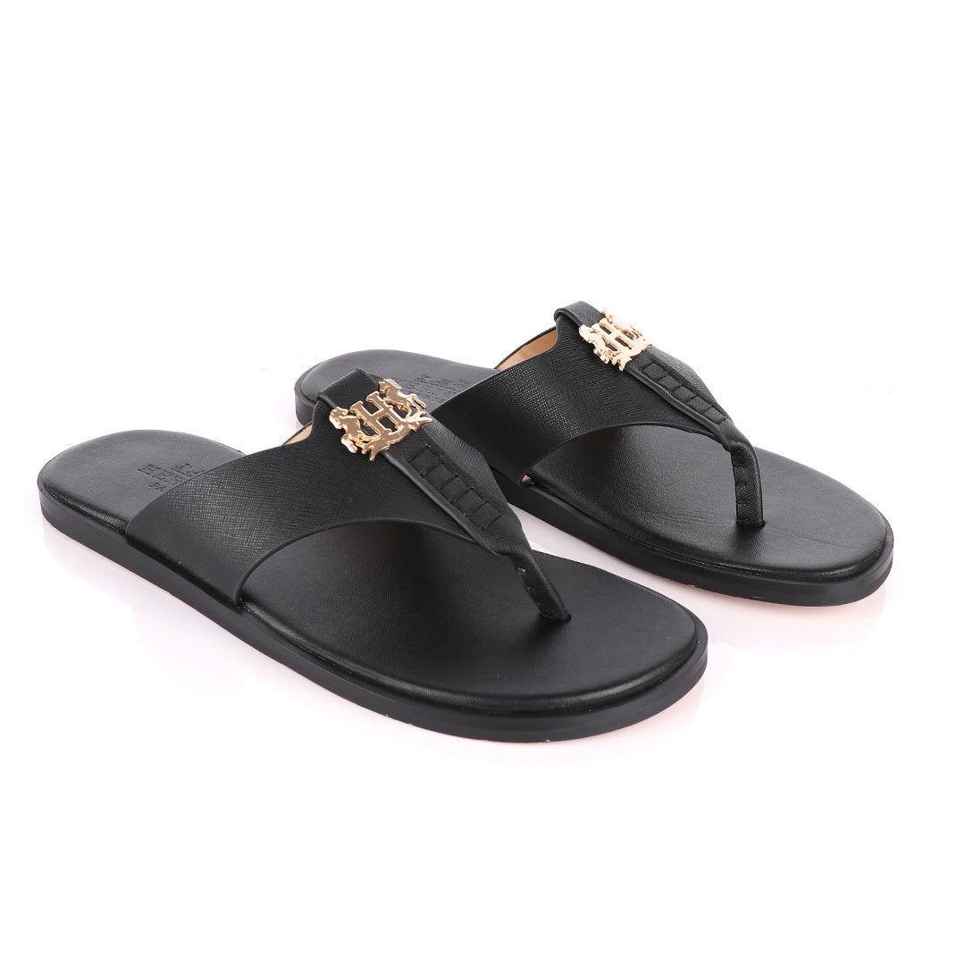 Hermes Paris With Logo Black Leather Slippers - Obeezi