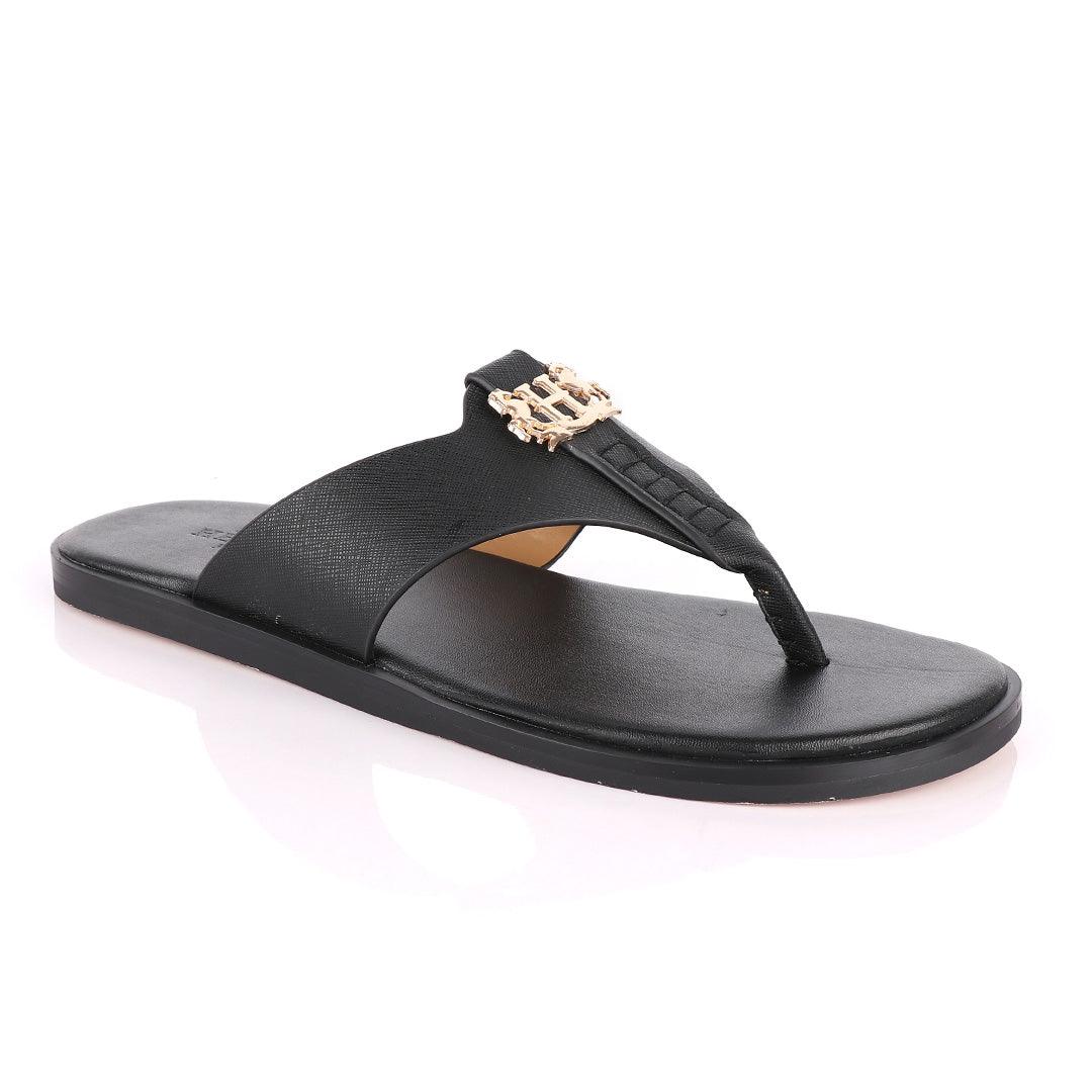 Hermes Paris With Logo Black Leather Slippers - Obeezi
