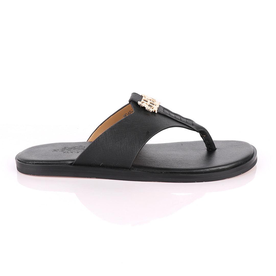 Hermes Paris With Logo Black Leather Slippers - Obeezi