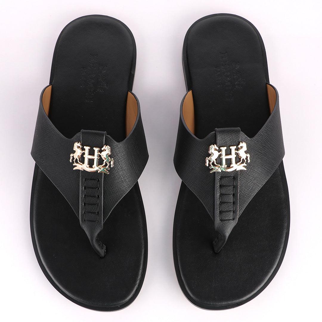 Hermes Paris With Logo Black Leather Slippers - Obeezi