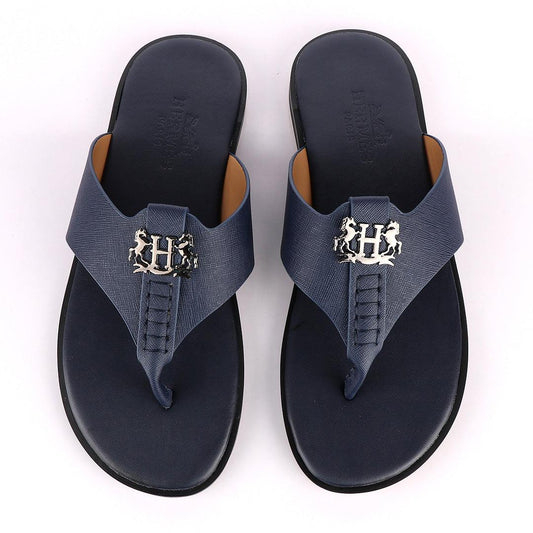 Hermes Paris With Logo Blue Leather Slippers - Obeezi