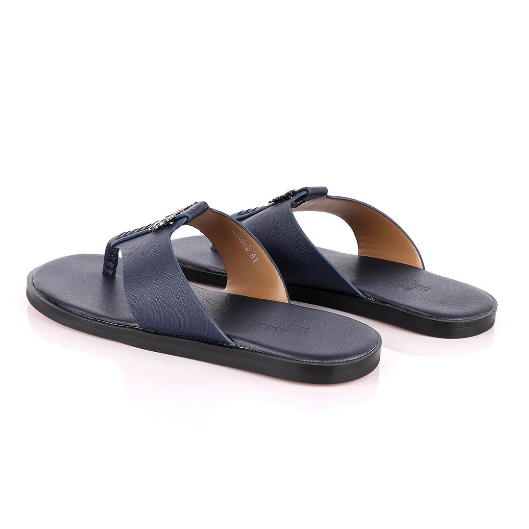 Hermes Paris With Logo Blue Leather Slippers - Obeezi