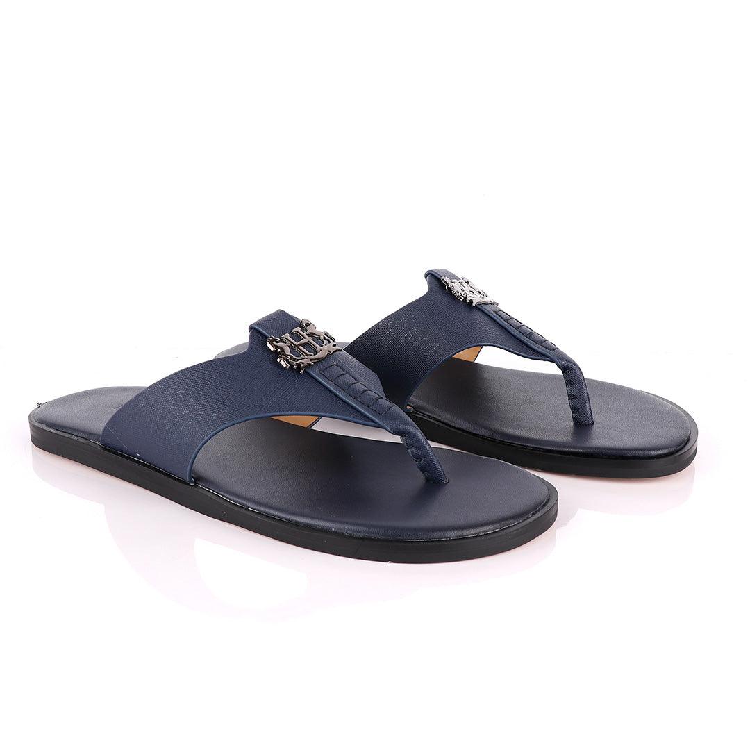 Hermes Paris With Logo Blue Leather Slippers - Obeezi