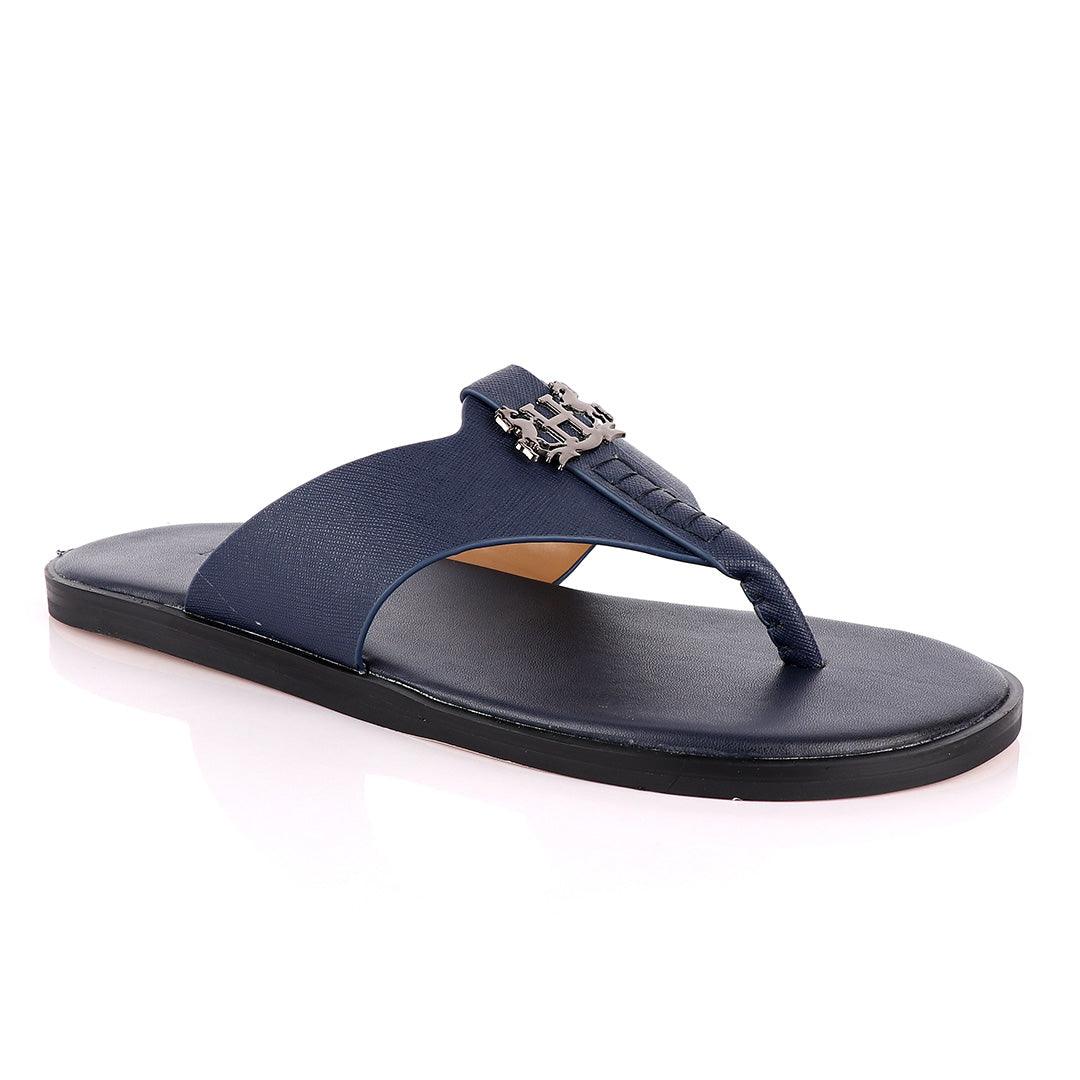 Hermes Paris With Logo Blue Leather Slippers - Obeezi