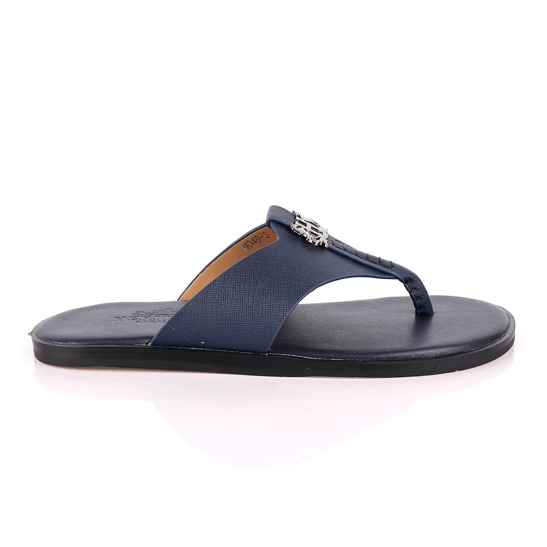 Hermes Paris With Logo Blue Leather Slippers - Obeezi