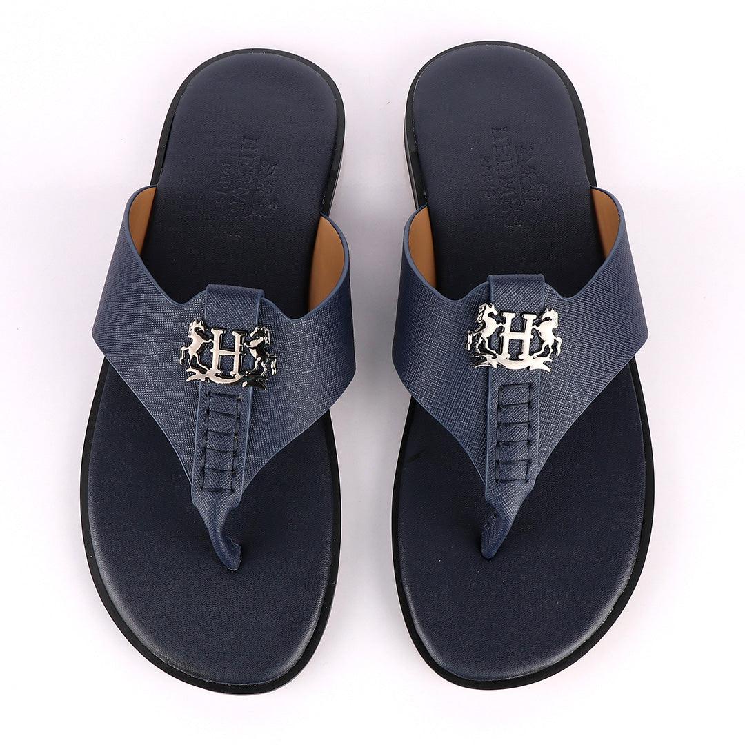 Hermes Paris With Logo Blue Leather Slippers - Obeezi