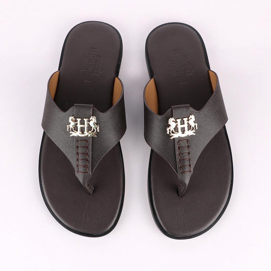Hermes Paris With Logo Coffee Leather Slippers - Obeezi