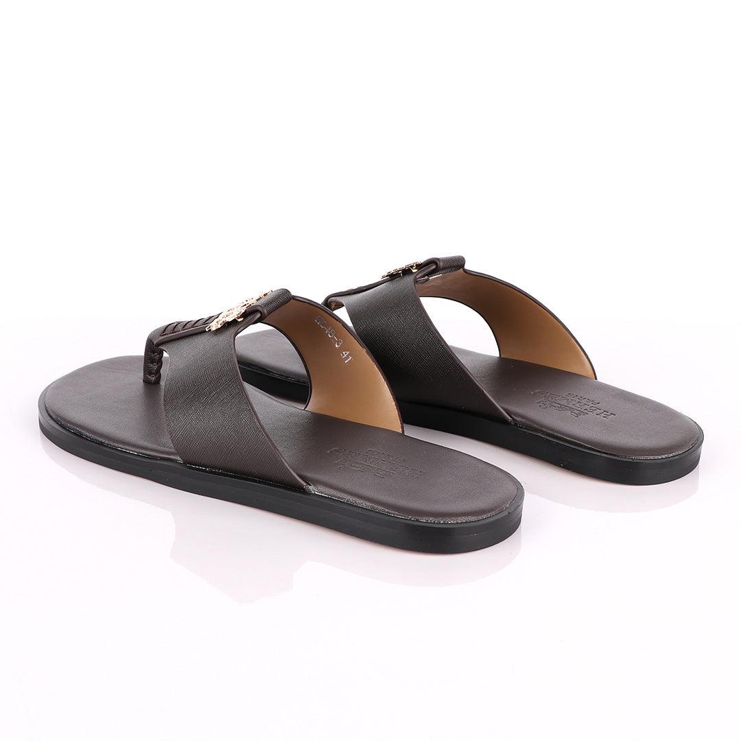 Hermes Paris With Logo Coffee Leather Slippers - Obeezi