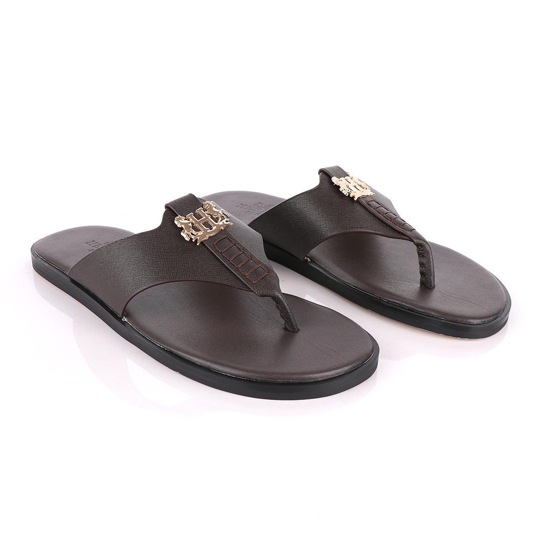 Hermes Paris With Logo Coffee Leather Slippers - Obeezi