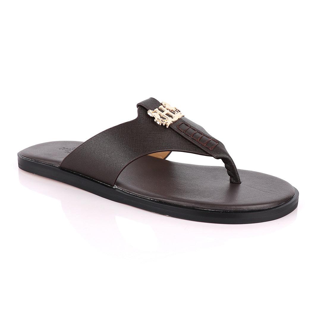 Hermes Paris With Logo Coffee Leather Slippers - Obeezi