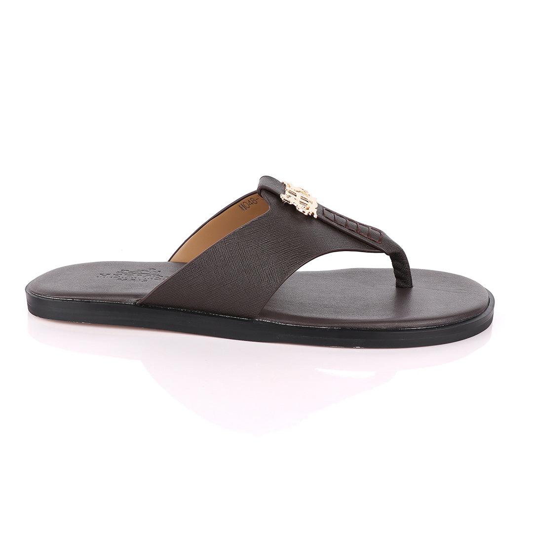Hermes Paris With Logo Coffee Leather Slippers - Obeezi