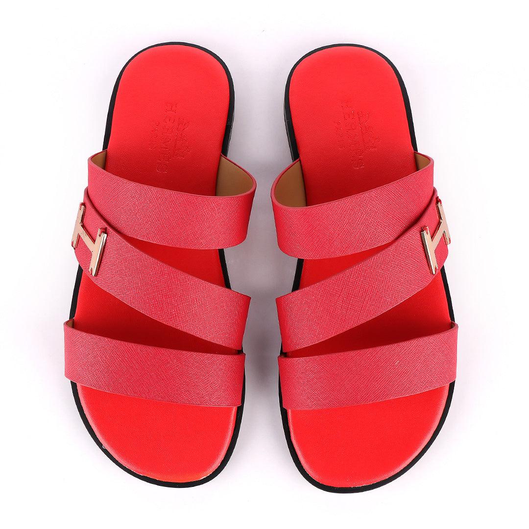Hermes Paris With Logo Red Leather Slippers - Obeezi