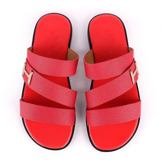 Hermes Paris With Logo Red Leather Slippers - Obeezi