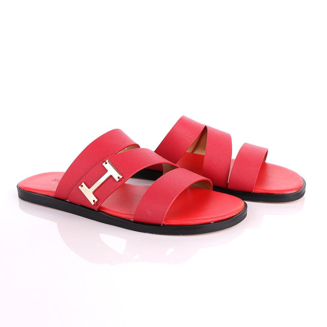 Hermes Paris With Logo Red Leather Slippers - Obeezi