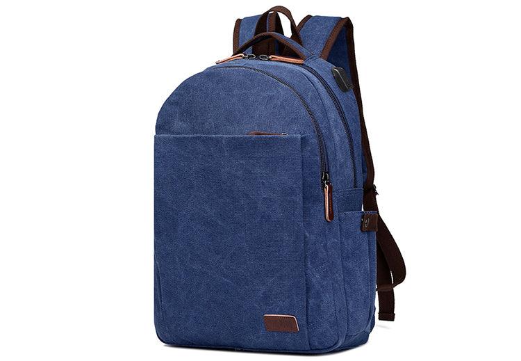 Hiking Canvas Large Capacity Backpack With Usb Charging Ports Blue Bags - Obeezi.com