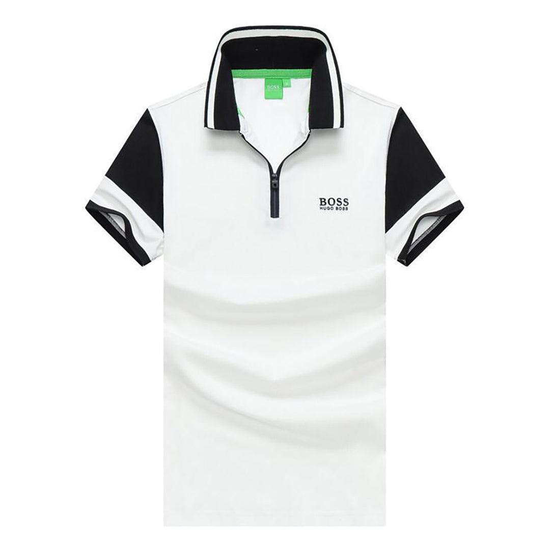 HUG Exquisite Zip up White With Black Design Cotton Polo - Obeezi.com