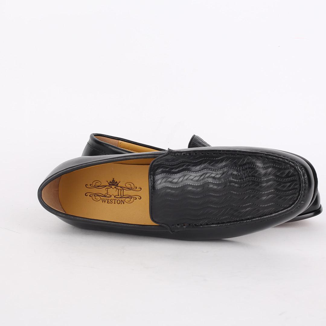 J.M Weston Black Classic Loafers Shoe With Crafted Designed Top - Obeezi.com