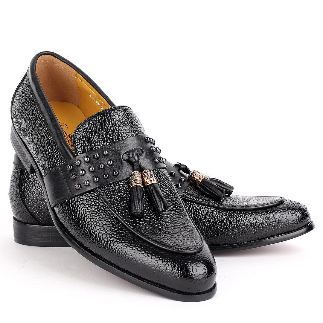 J.M Weston Black Glossy Croc Leather With Stoned Belt And Textile Design - Obeezi.com