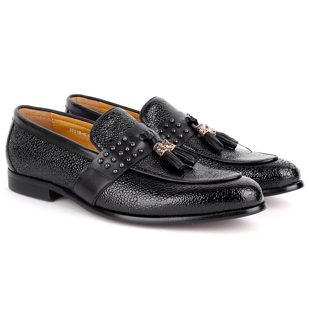 J.M Weston Black Glossy Croc Leather With Stoned Belt And Textile Design - Obeezi.com