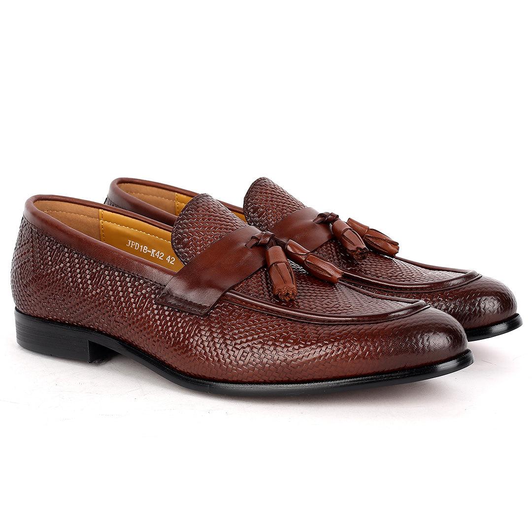 J.M Weston Classic Brown Woven Leather Textile Designed Shoe - Obeezi.com