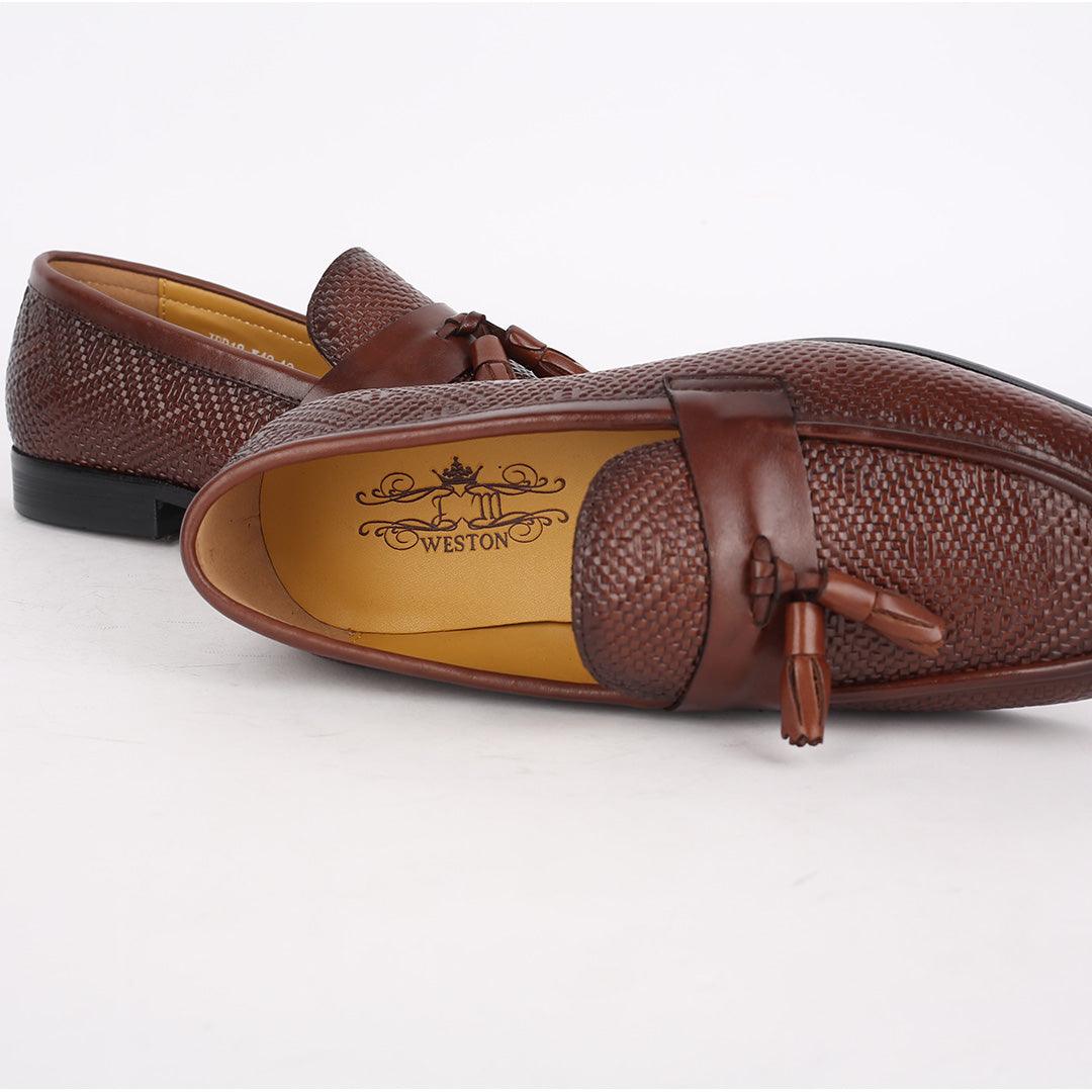 J.M Weston Classic Brown Woven Leather Textile Designed Shoe - Obeezi.com