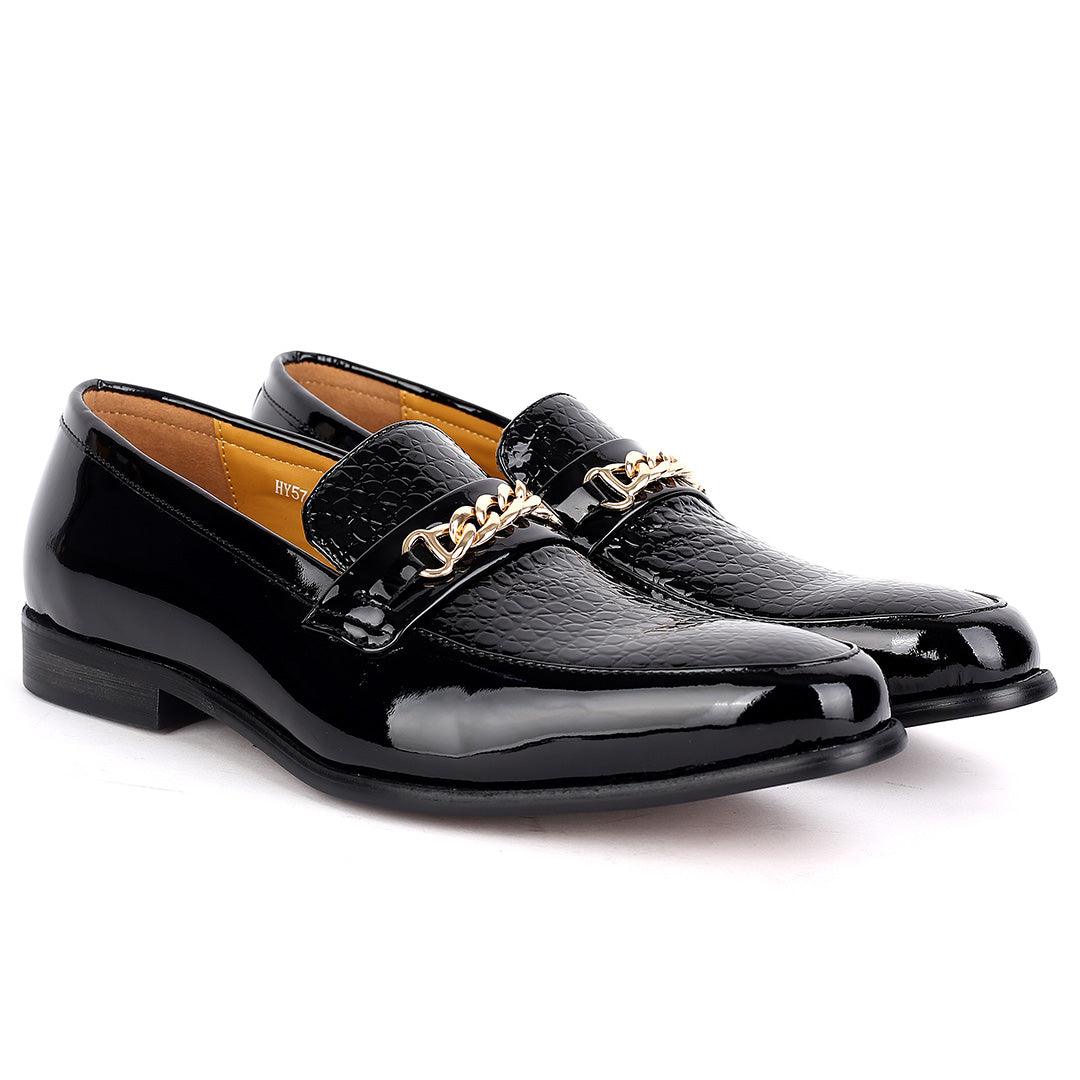 J.M Weston Classic Men's Glossy Shoe With Croc Top and Gold Chain Design - Obeezi.com
