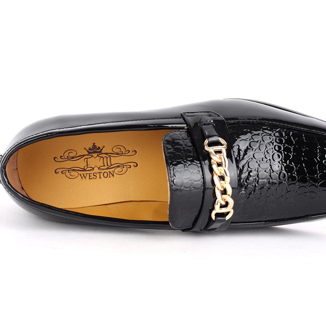 J.M Weston Classic Men's Glossy Shoe With Croc Top and Gold Chain Design - Obeezi.com