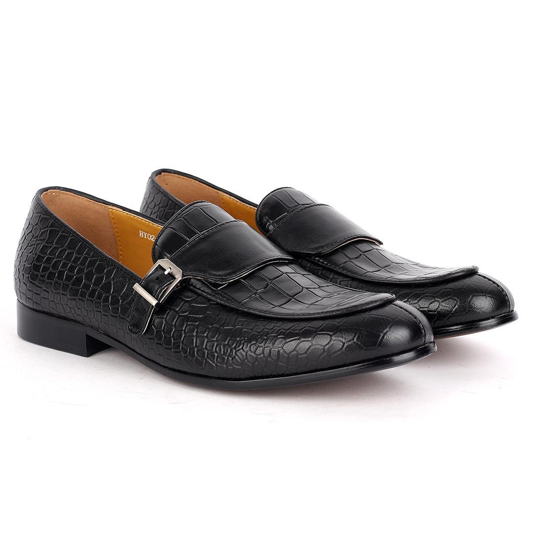 J.M Weston Classy Black Belted Croc Designed Shoe - Obeezi.com