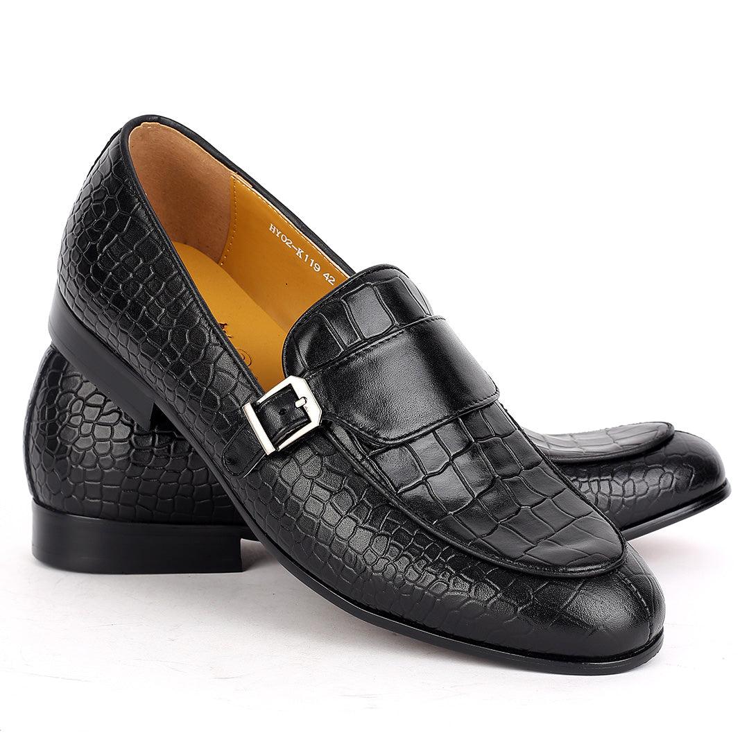 J.M Weston Classy Black Belted Croc Designed Shoe - Obeezi.com
