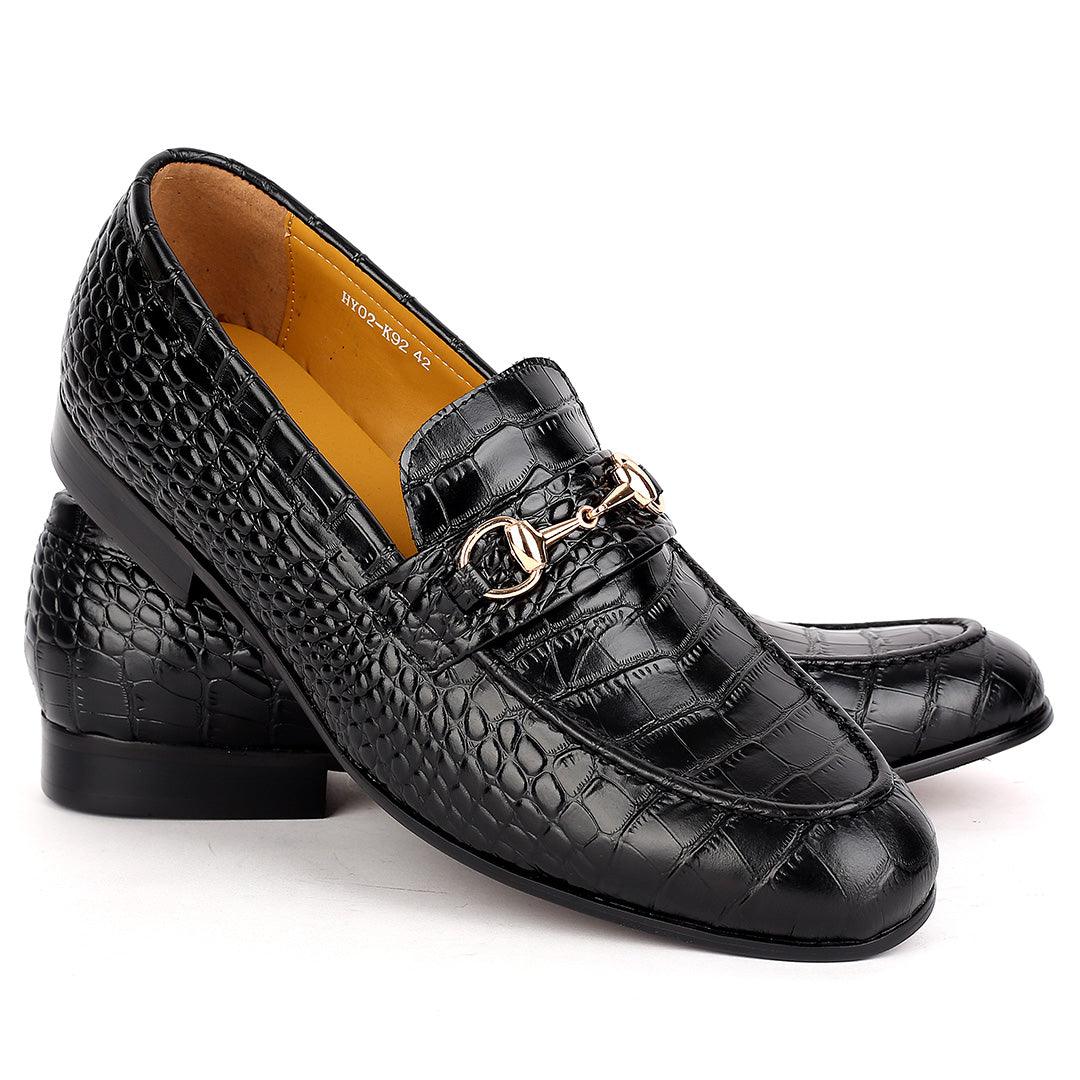 J.M Weston Classy Black Croc Leather Shoe With Gold Chain Design - Obeezi.com