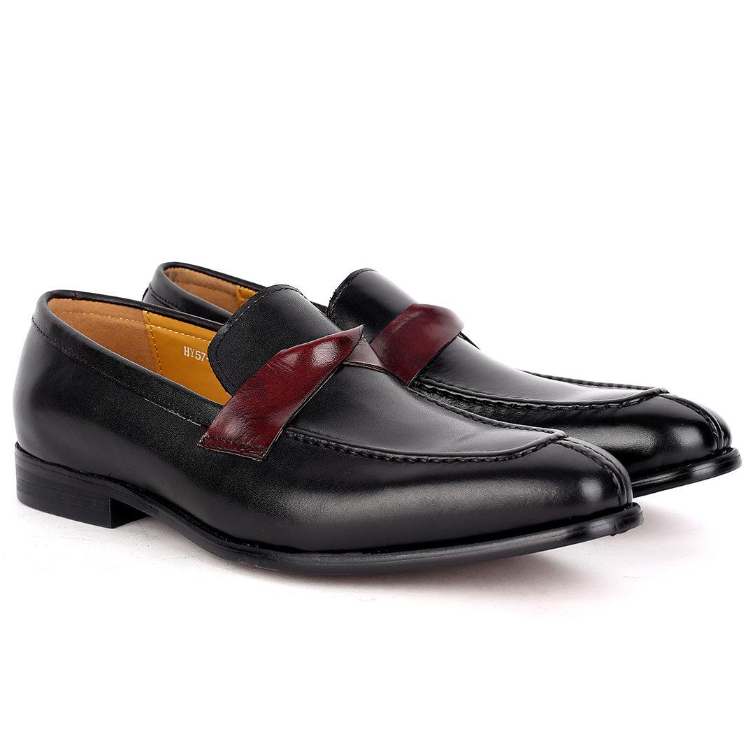 J.M Weston Classy Black Leather Shoe with Brown Twisted Belt Design - Obeezi.com