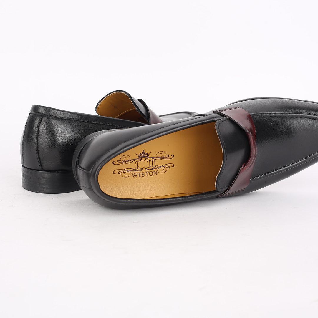 J.M Weston Classy Black Leather Shoe with Brown Twisted Belt Design - Obeezi.com