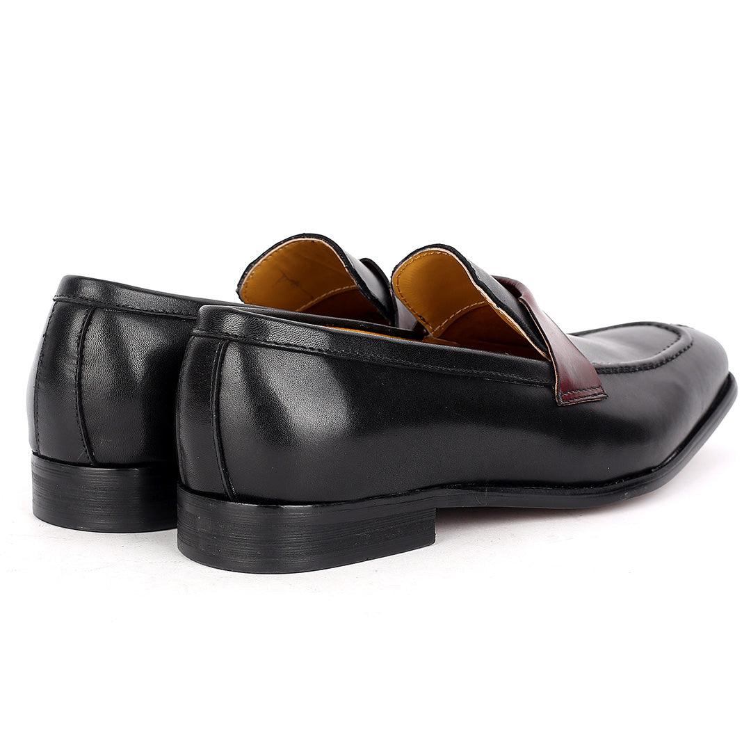 J.M Weston Classy Black Leather Shoe with Brown Twisted Belt Design - Obeezi.com