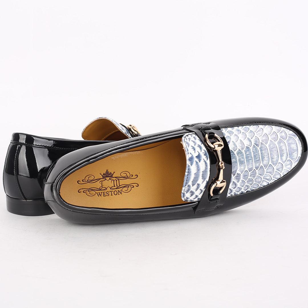 J.M Weston Elegant Black Glossy Loafers Shoe With Croc Designed Top - Obeezi.com