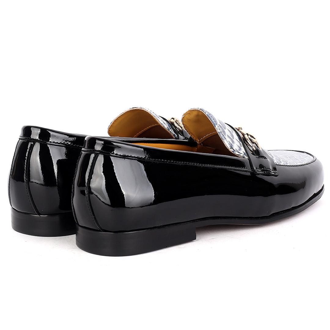J.M Weston Elegant Black Glossy Loafers Shoe With Croc Designed Top - Obeezi.com
