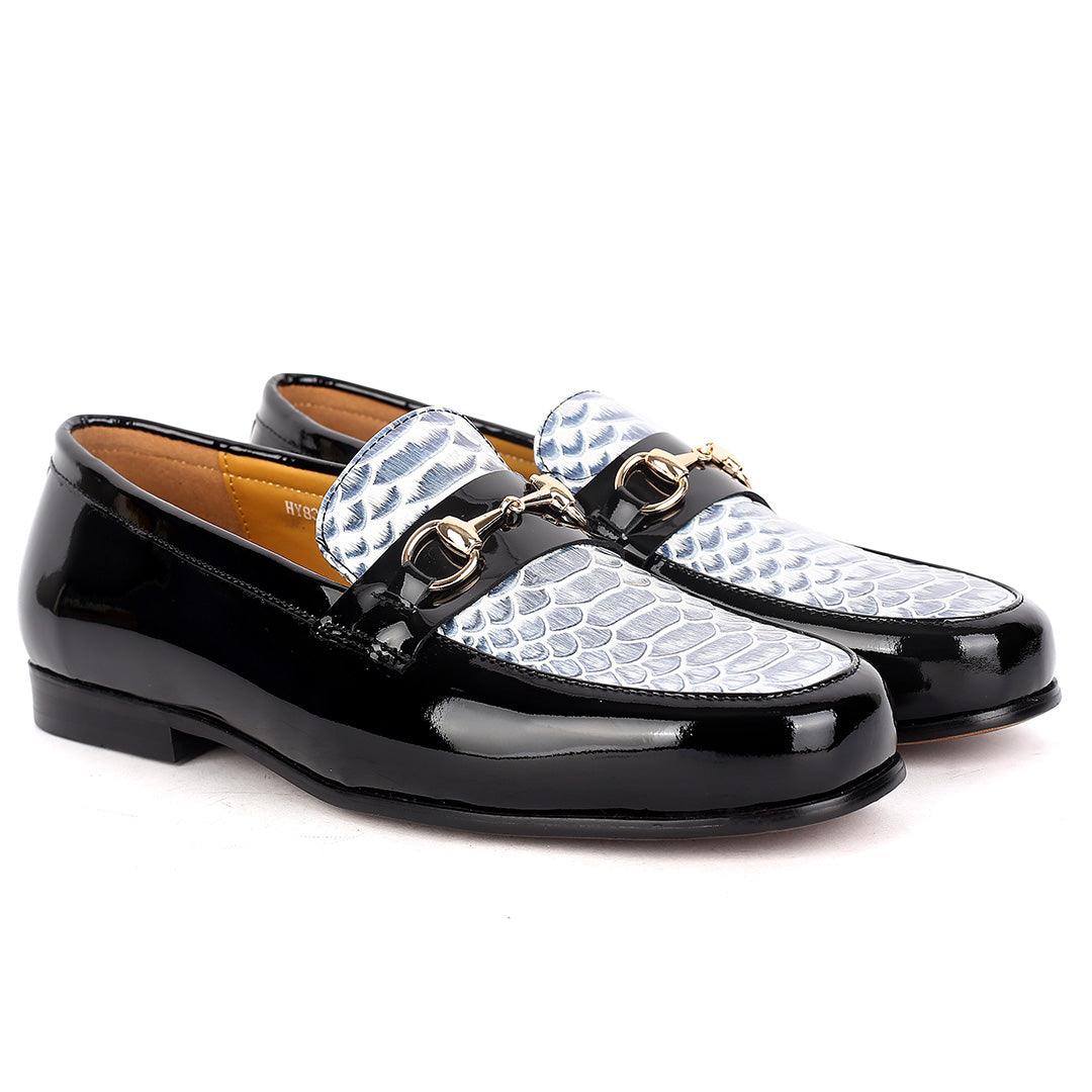 J.M Weston Elegant Black Glossy Loafers Shoe With Croc Designed Top - Obeezi.com