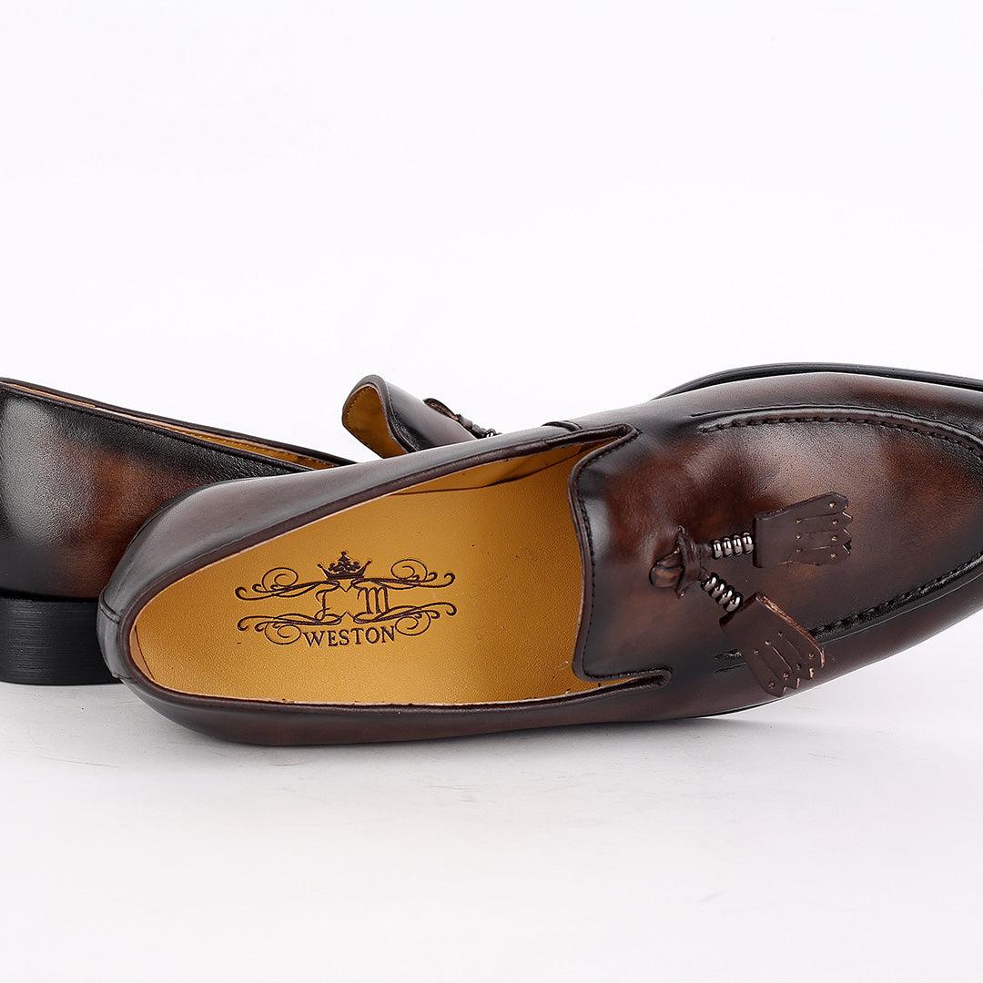 J.M Weston Exquisite Coffee Leather Shoe with Textile Design - Obeezi.com