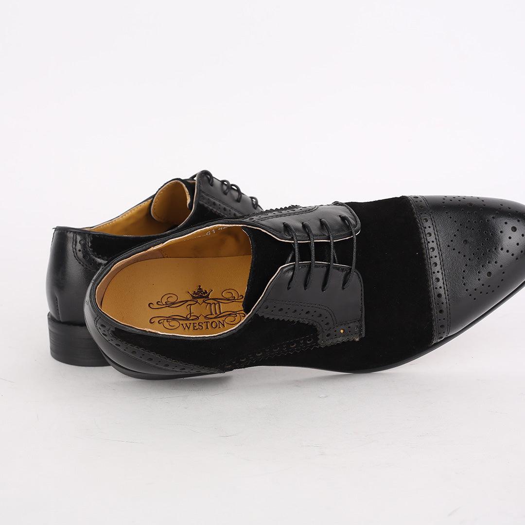 J.M Weston Exquisite Perforated Swede and Leather Black Lace Shoe - Obeezi.com