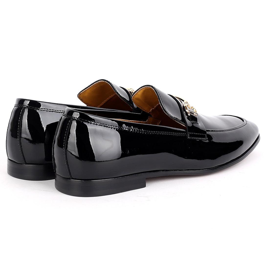 J.M Weston Glossy Black Royal Shoe With Gold Logo Design - Obeezi.com