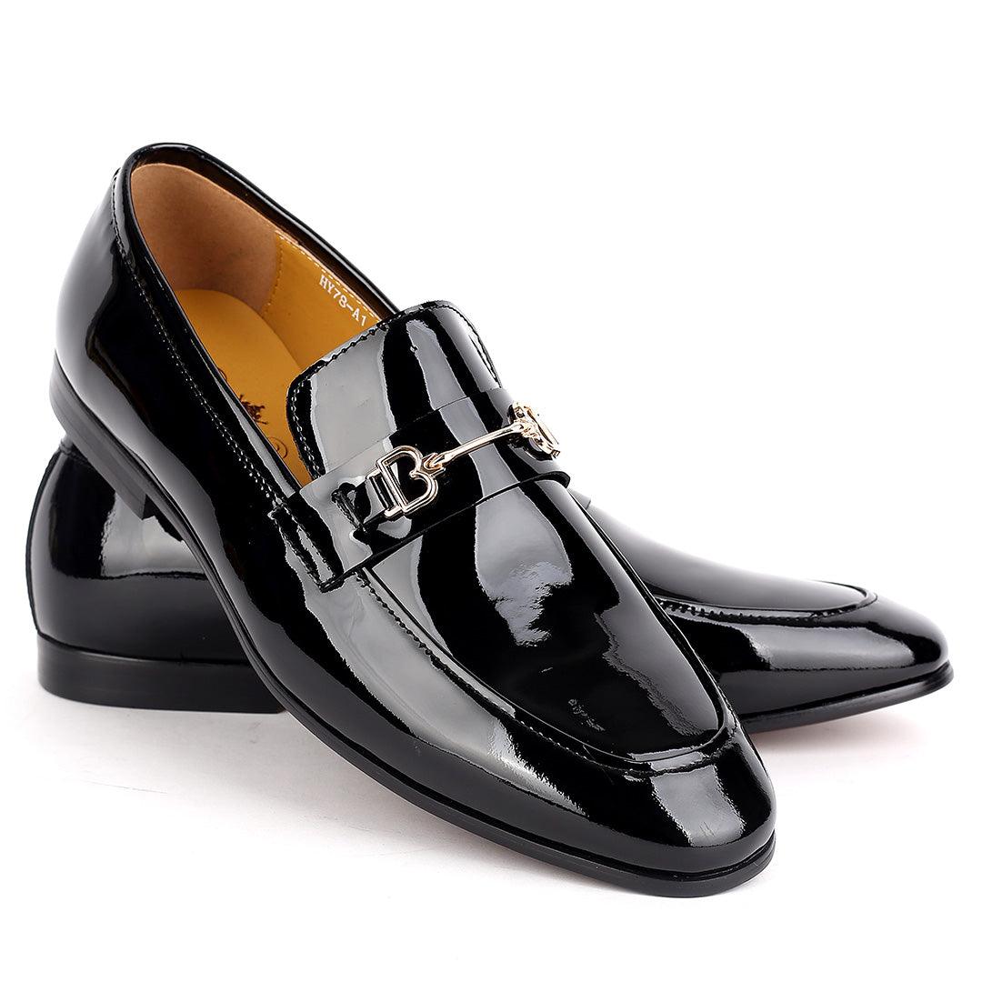 J.M Weston Glossy Black Royal Shoe With Gold Logo Design - Obeezi.com