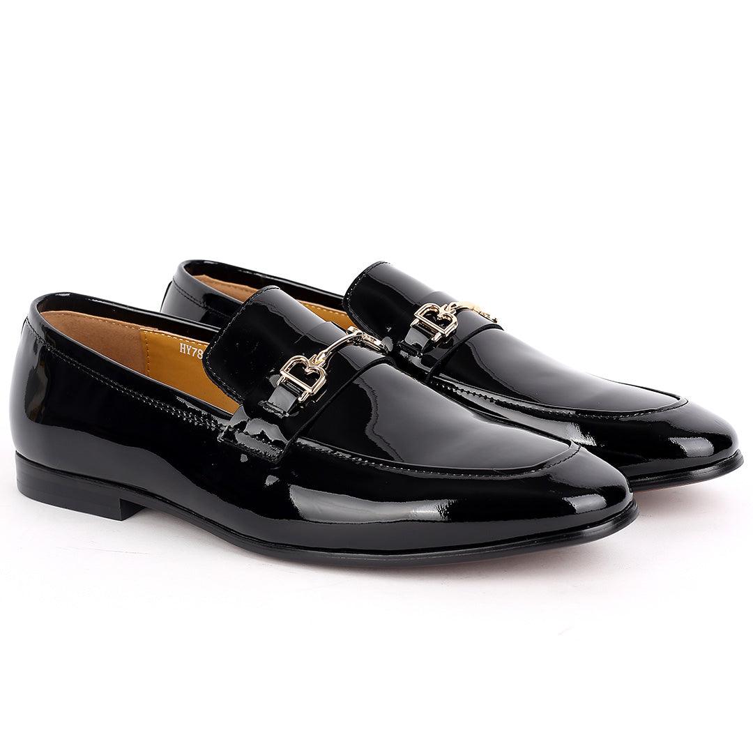 J.M Weston Glossy Black Royal Shoe With Gold Logo Design - Obeezi.com