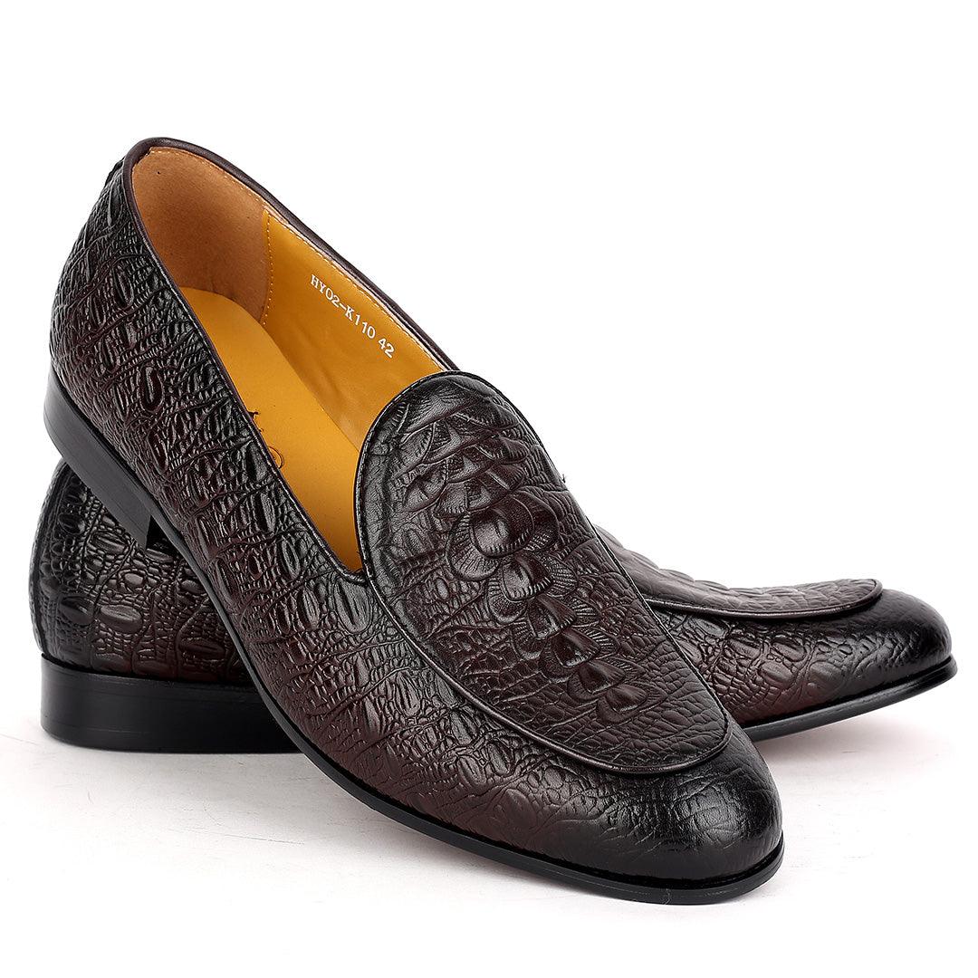 J.M Weston Men's Classy New Crocodile Skin Design Coffee Leather Dress Shoes - Obeezi.com