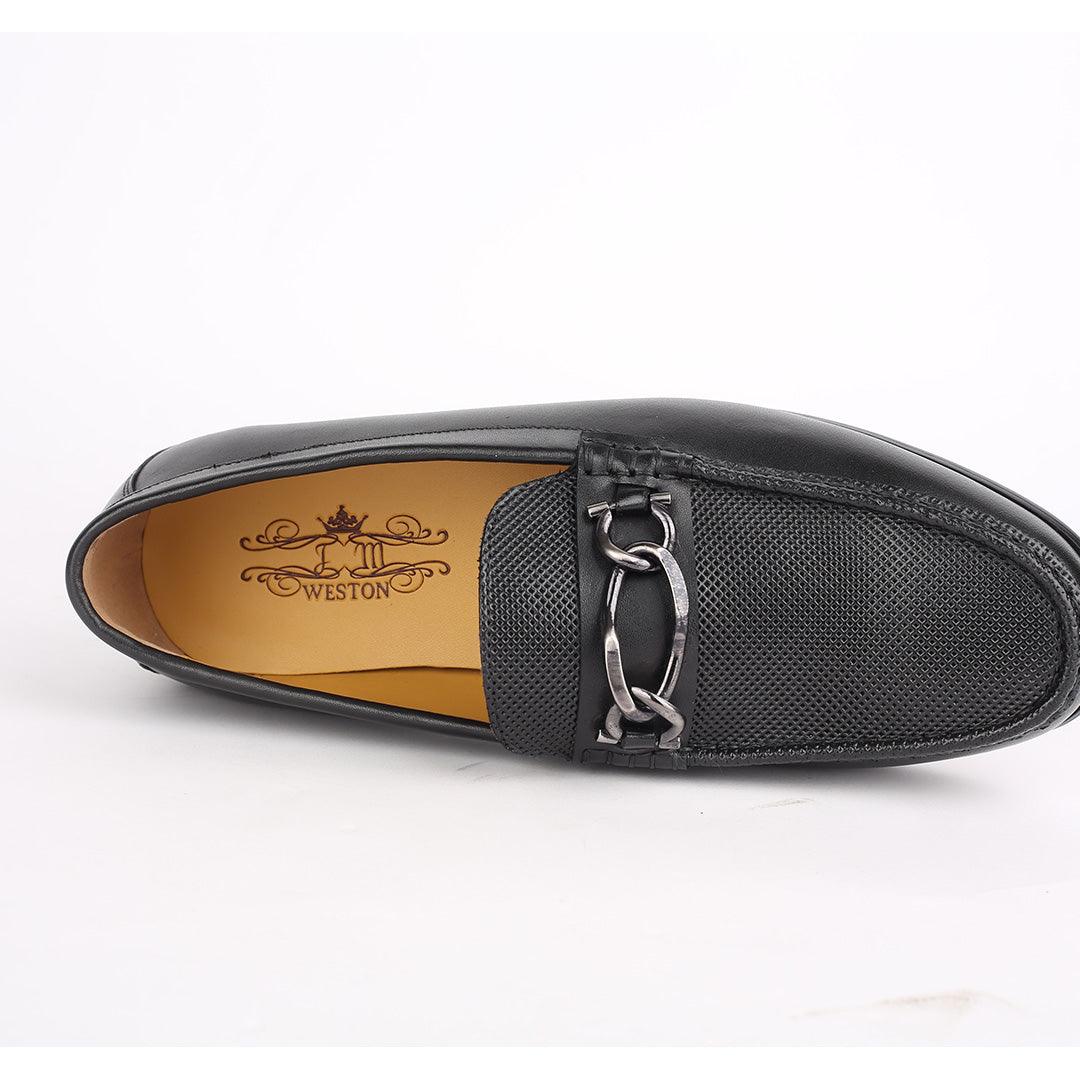 J.M Weston Men's Solid Black Loafers Shoe with Mini Woven Design - Obeezi.com