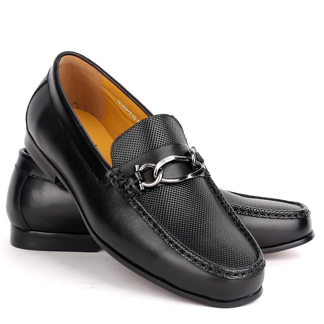 J.M Weston Men's Solid Black Loafers Shoe with Mini Woven Design - Obeezi.com