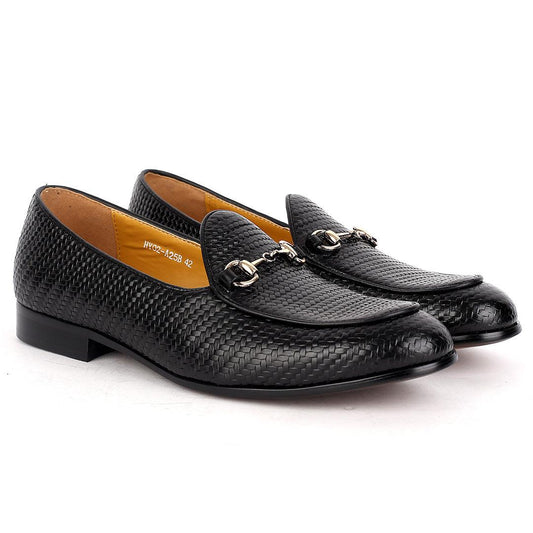 J.M Weston Solid Black Woven Leather Shoe with Gold Chain Design - Obeezi.com