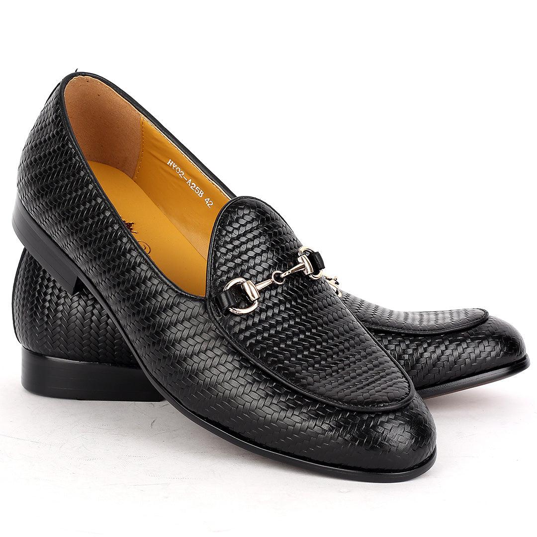 J.M Weston Solid Black Woven Leather Shoe with Gold Chain Design - Obeezi.com