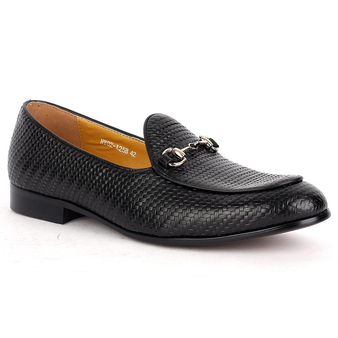 J.M Weston Solid Black Woven Leather Shoe with Gold Chain Design - Obeezi.com