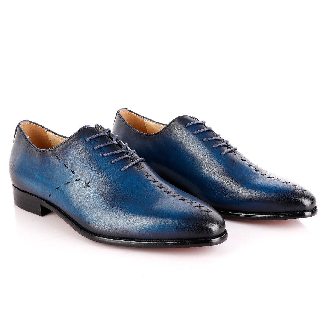 Jat Janer Plain Stiches Laceup Blue Brogue Shoe - Obeezi