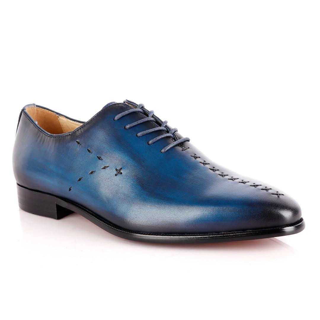 Jat Janer Plain Stiches Laceup Blue Brogue Shoe - Obeezi